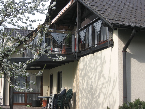 Teilweiser Balkonanbau mit Balkongeländer verzinkt und lackiert, Handlauf und Lochblech aus                               Edelstahl.