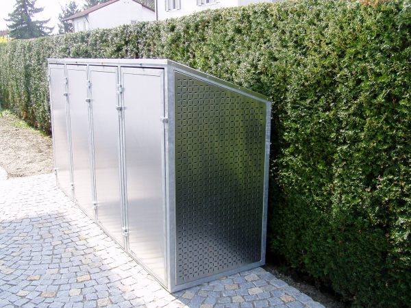 M&uuml;lltonneneinhausung aus verzinktem Rahmen mit Lochblechf&uuml;llung und                                Abdeckung aus Edelstahl