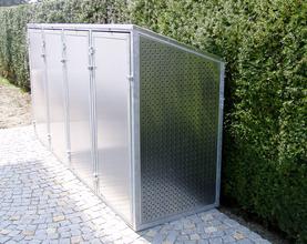 M&uuml;lltonneneinhausung aus verzinktem Rahmen mit Lochblechf&uuml;llung und Abdeckung aus Edelstahl