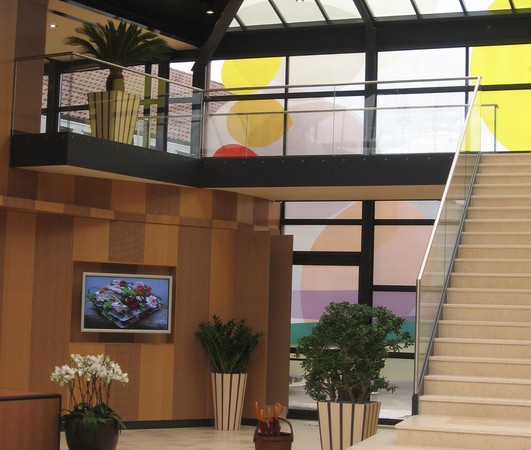 Glasgel&auml;nder mit unterer Einspannung aus Flachstahl, pulverbeschichtet.<br> Glasscheibe VSG TVG 20mm                         Wei&szlig;glas, Handlauf aus Edelstahl geschliffen<br> Korn 240, mit Nutprofil.