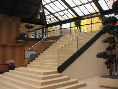 Glasgel&auml;nder mit unterer Einspannung aus Flachstahl, pulverbeschichtet.<br> Glasscheibe VSG TVG 20mm                         Wei&szlig;glas, Handlauf aus Edelstahl geschliffen<br> Korn 240, mit Nutprofil.